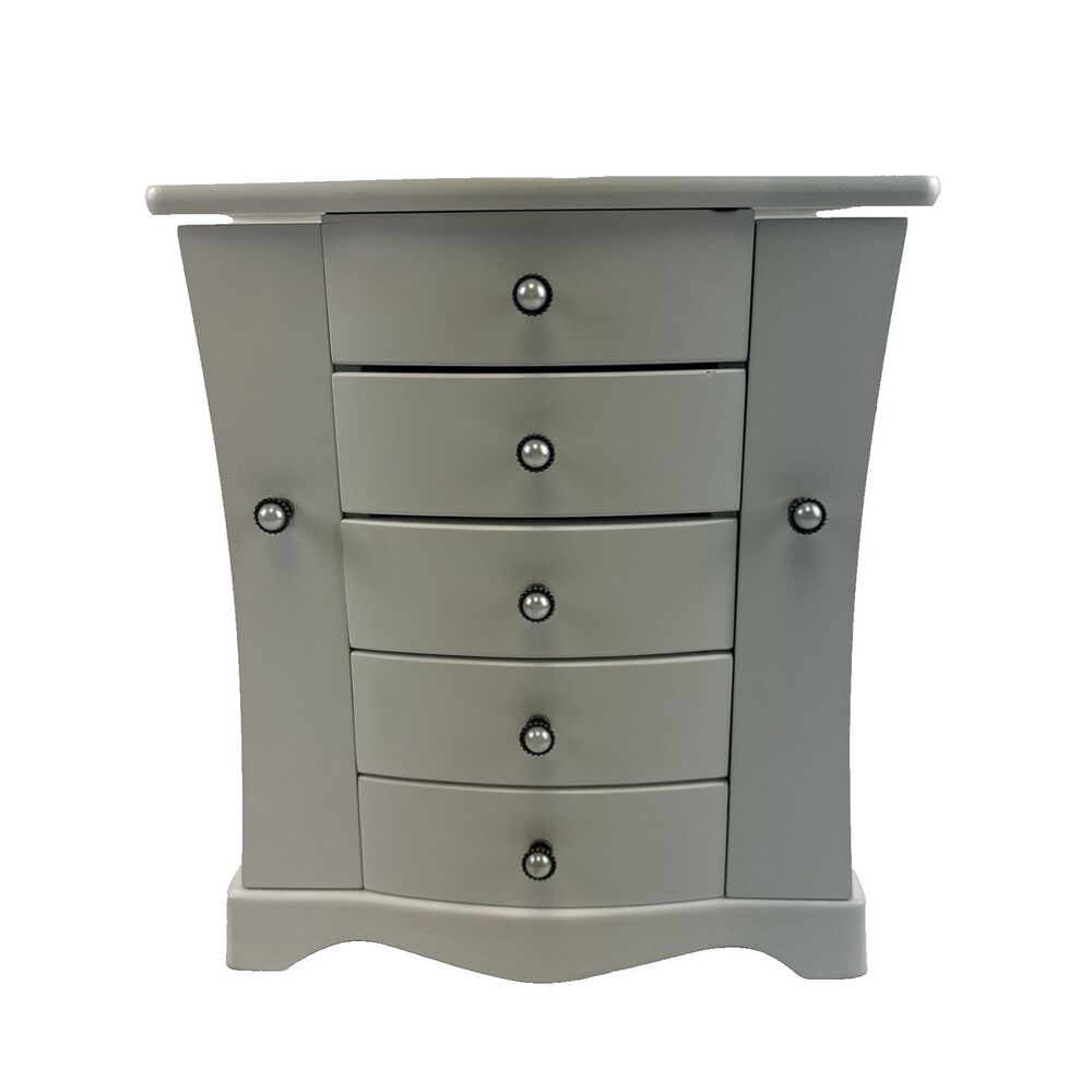 White Solid Wood Jewelry Box Tower Style 4 Drawers Organizer Side Doors Necklace